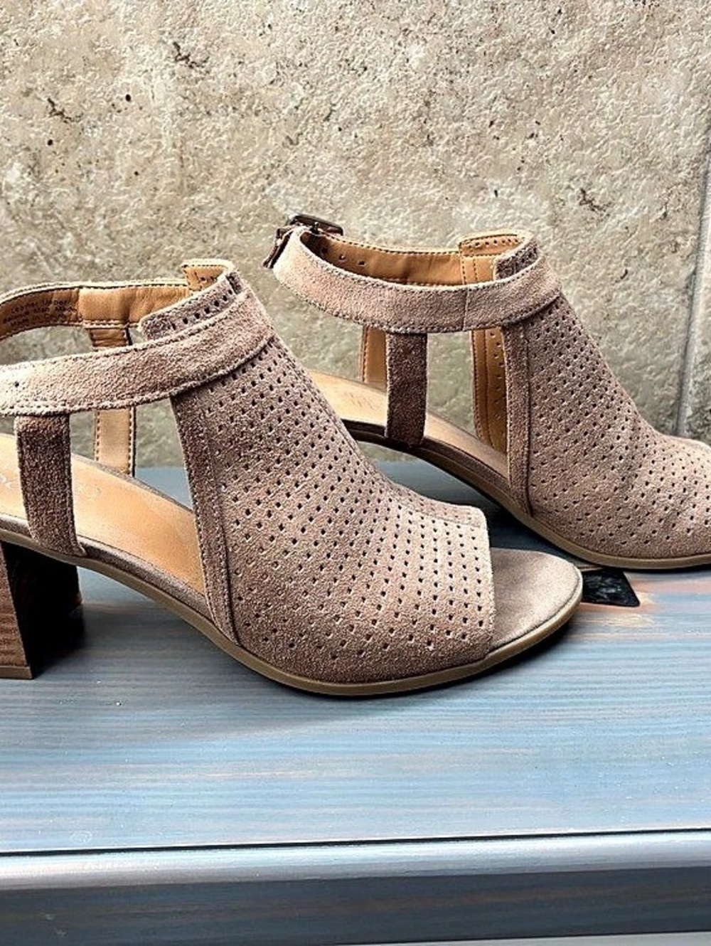 Franco Sarto Perforated Block Heel Sandals in Brown